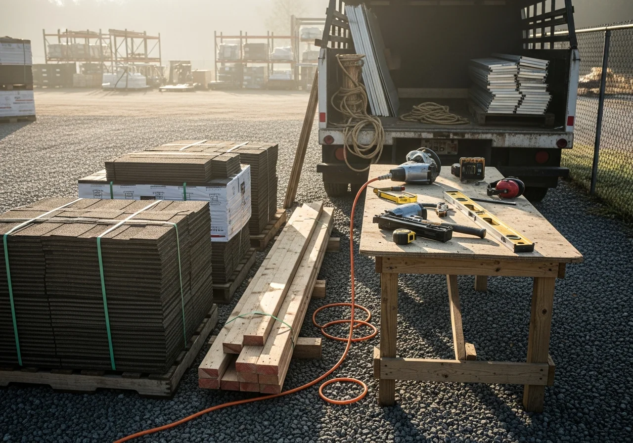 Construction crew with tools and equipment ready for residential framing and roofing work on a job site.