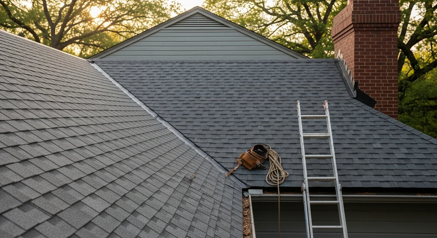 Roofer installing shingles on residential home in Greenville area