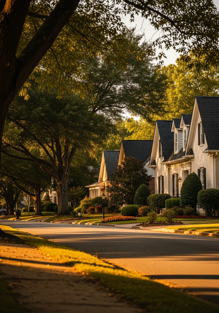 Residential street in Greenville neighborhood with mature trees and well-maintained homes.