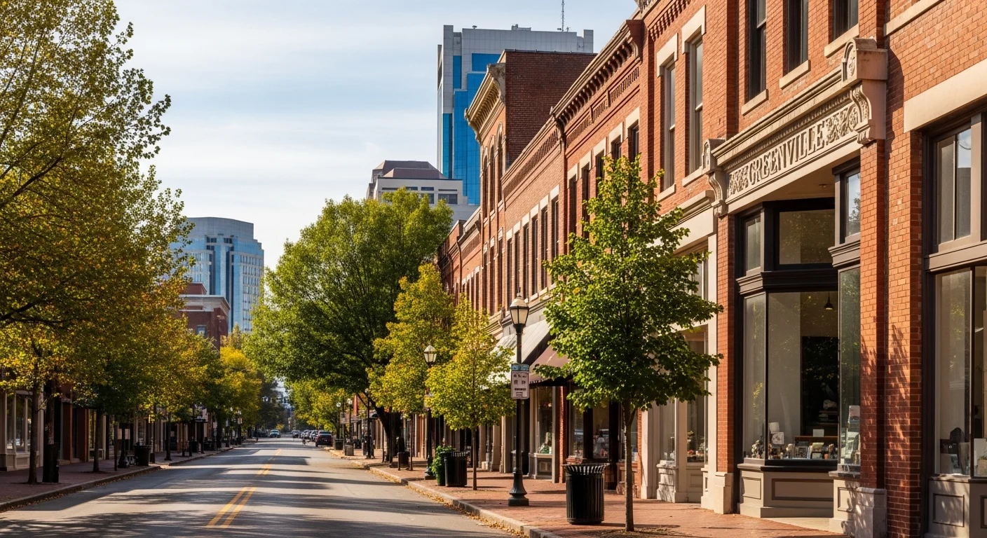 Greenville downtown skyline with tree-lined streets and historic brick buildings during daytime.
