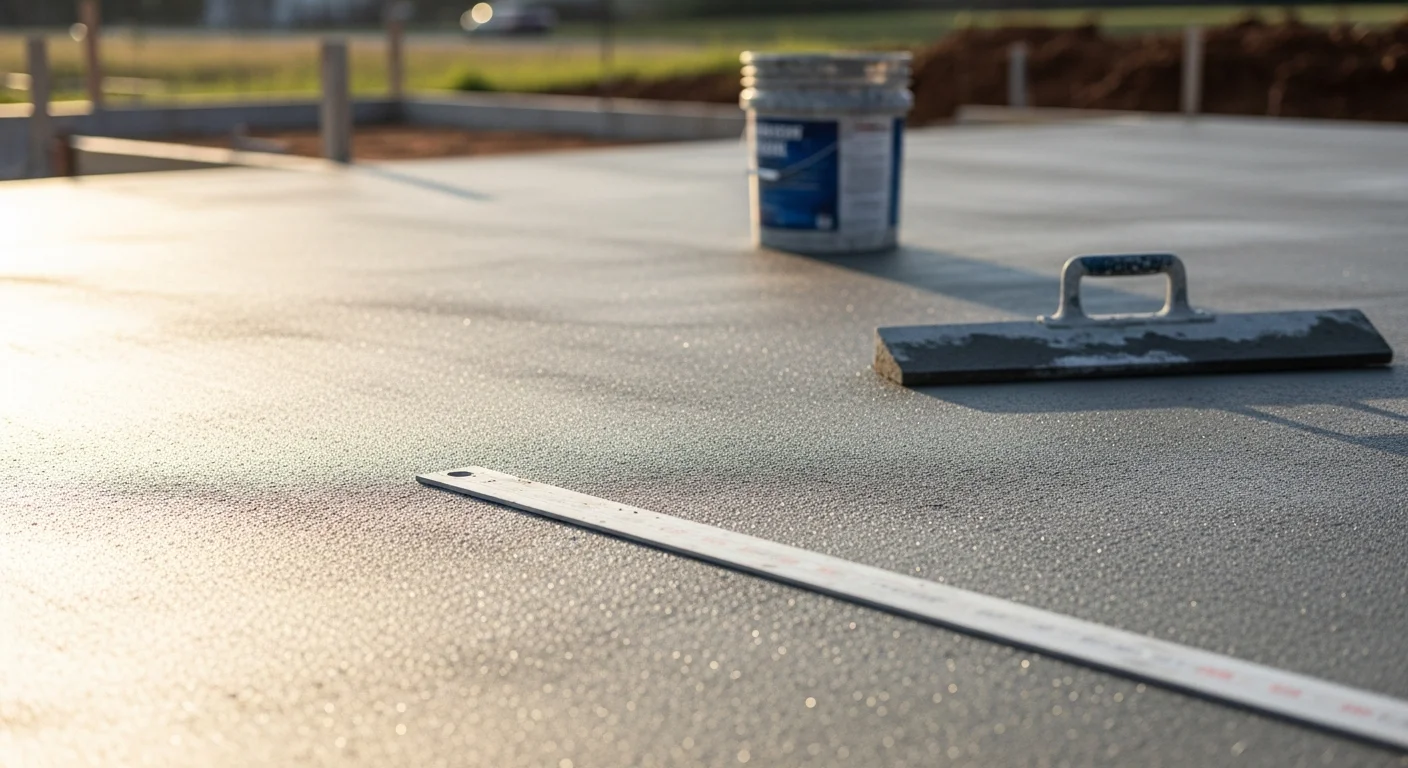A freshly finished concrete floor inside a Greenville residential garage, showing a smooth, even surface with clean edges and consistent color. The space is well-lit, with no visible cracks or surface defects.