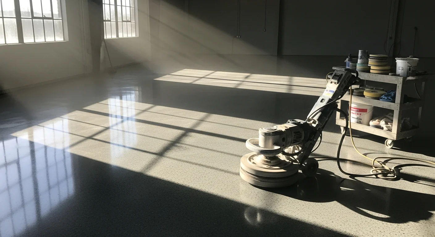 A freshly polished concrete floor inside a Greenville commercial space, showing a smooth, light-reflective surface with a high-gloss finish. The floor spans a large open area typical of an office or retail environment in the Upstate South Carolina region.