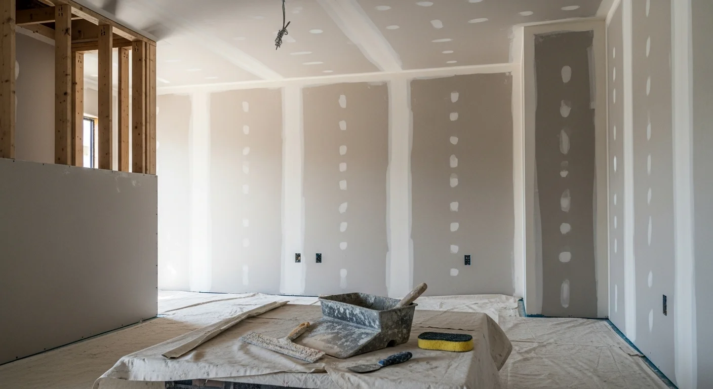 A freshly installed and finish-sanded drywall wall inside a Greenville home, showing smooth seams and clean corners ready for paint. A general contractor crew works on panel installation in a new residential construction project in Greenville, South Carolina.