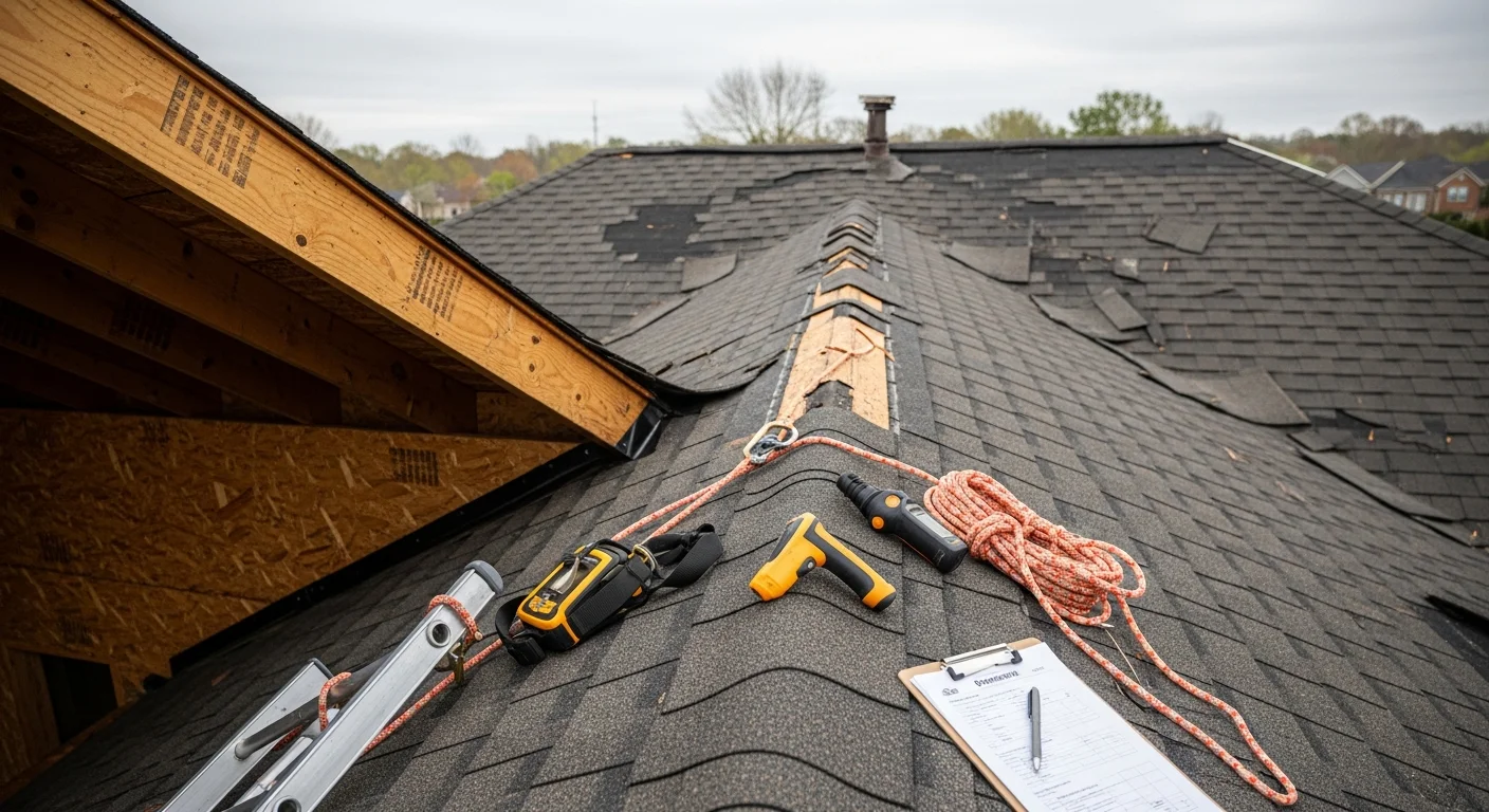 A Northpoint Construction Services crew member inspecting storm-damaged shingles on a residential roof in Greenville, South Carolina after a high-wind event. Exposed roof decking is visible where shingles have been displaced along the ridge line.