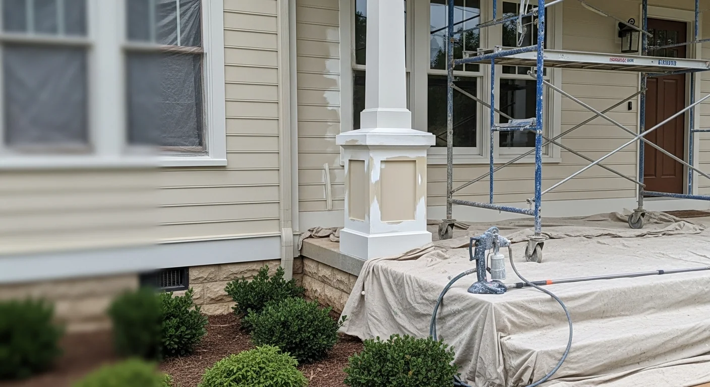 A freshly painted two-story home exterior in Greenville, SC, showing clean white siding and dark trim applied by Northpoint Construction Services. The front facade includes painted shutters and a front door with no visible peeling or weathering.