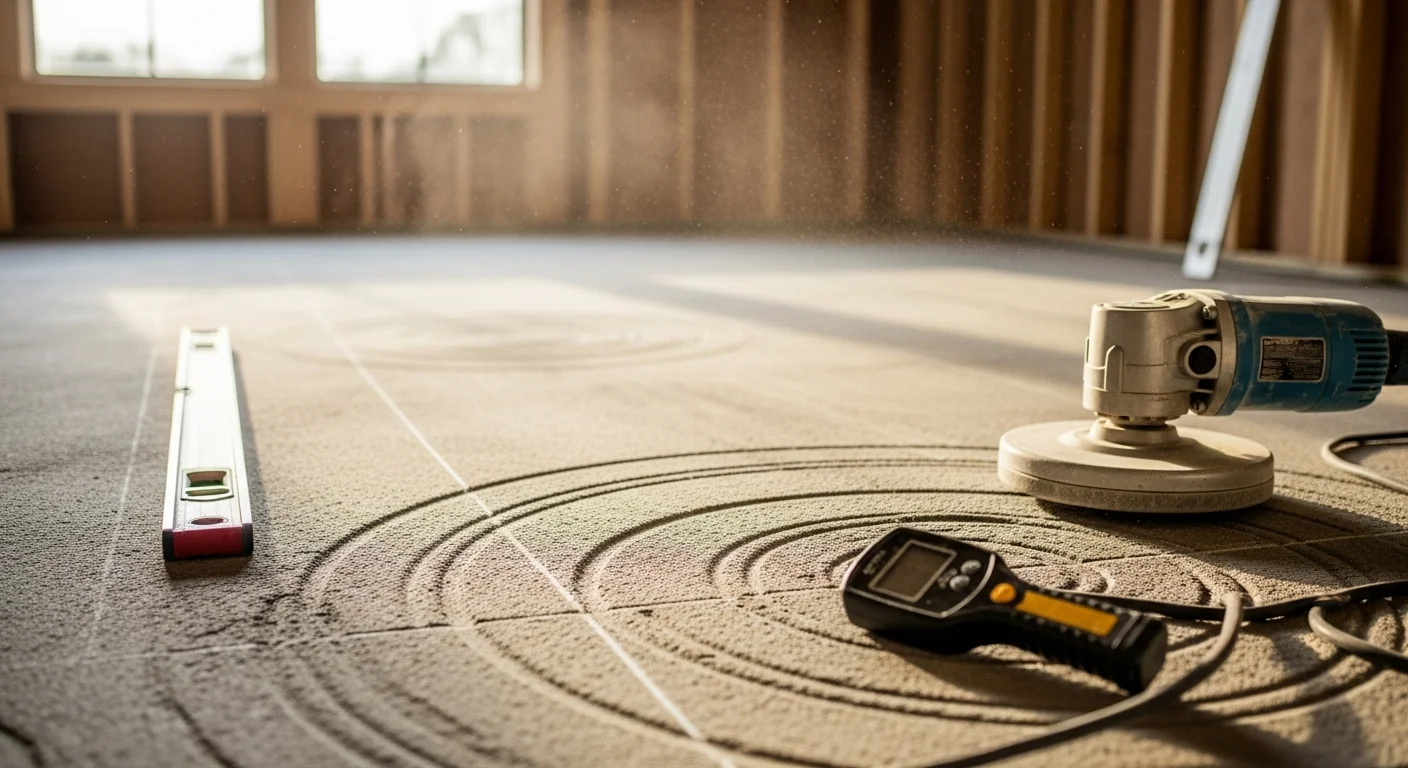 A Northpoint Construction Services crew member inspecting and grinding a subfloor inside a Greenville home prior to new flooring installation. The concrete subfloor surface is being leveled and cleaned in preparation for finished flooring material.