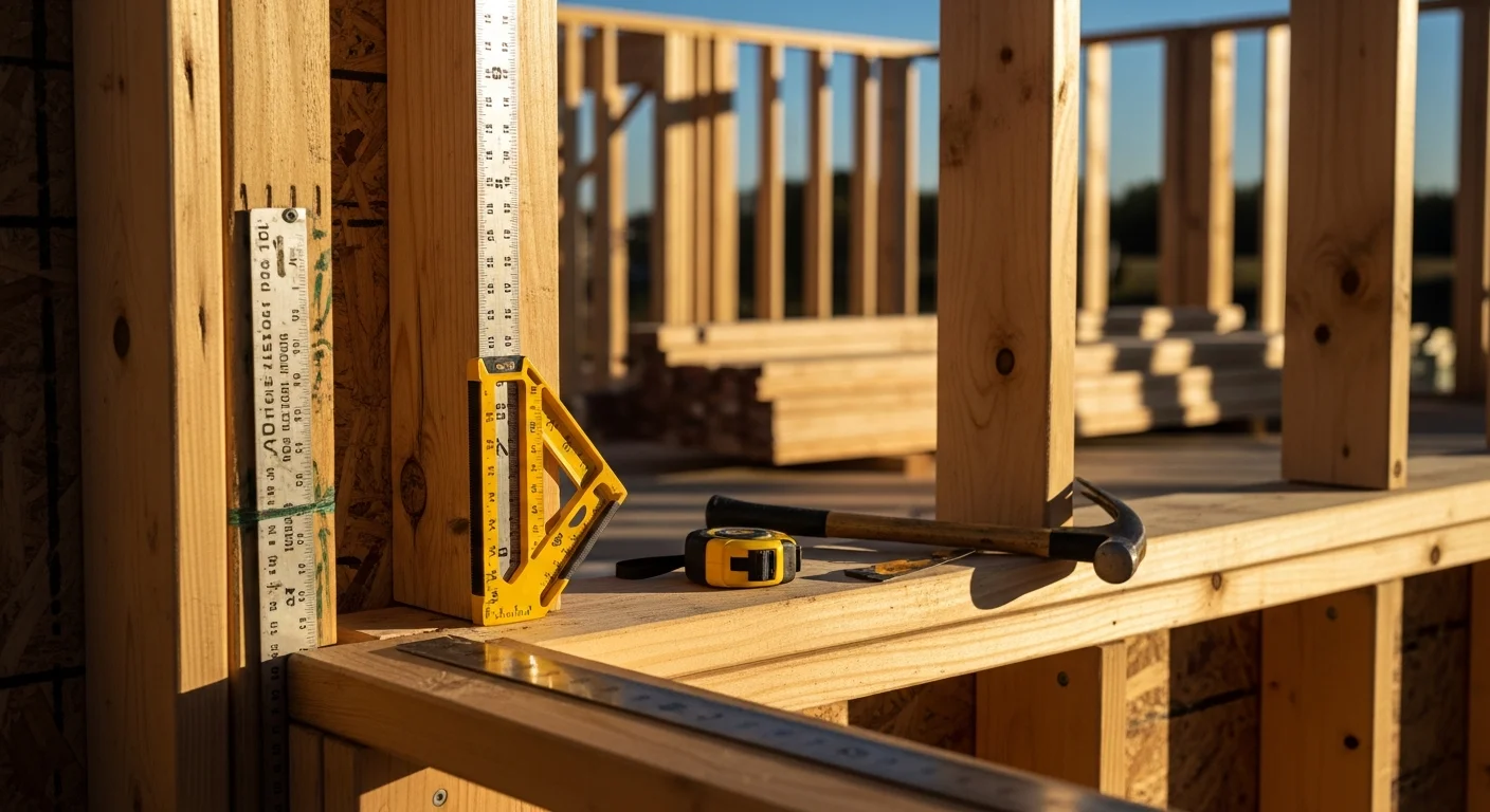 Structural wood framing in progress on a residential new construction project in Greenville, SC, showing floor systems, wall assemblies, and roof structure under a clear sky. A framing crew works on site with lumber staged nearby on an active Greenville build lot.