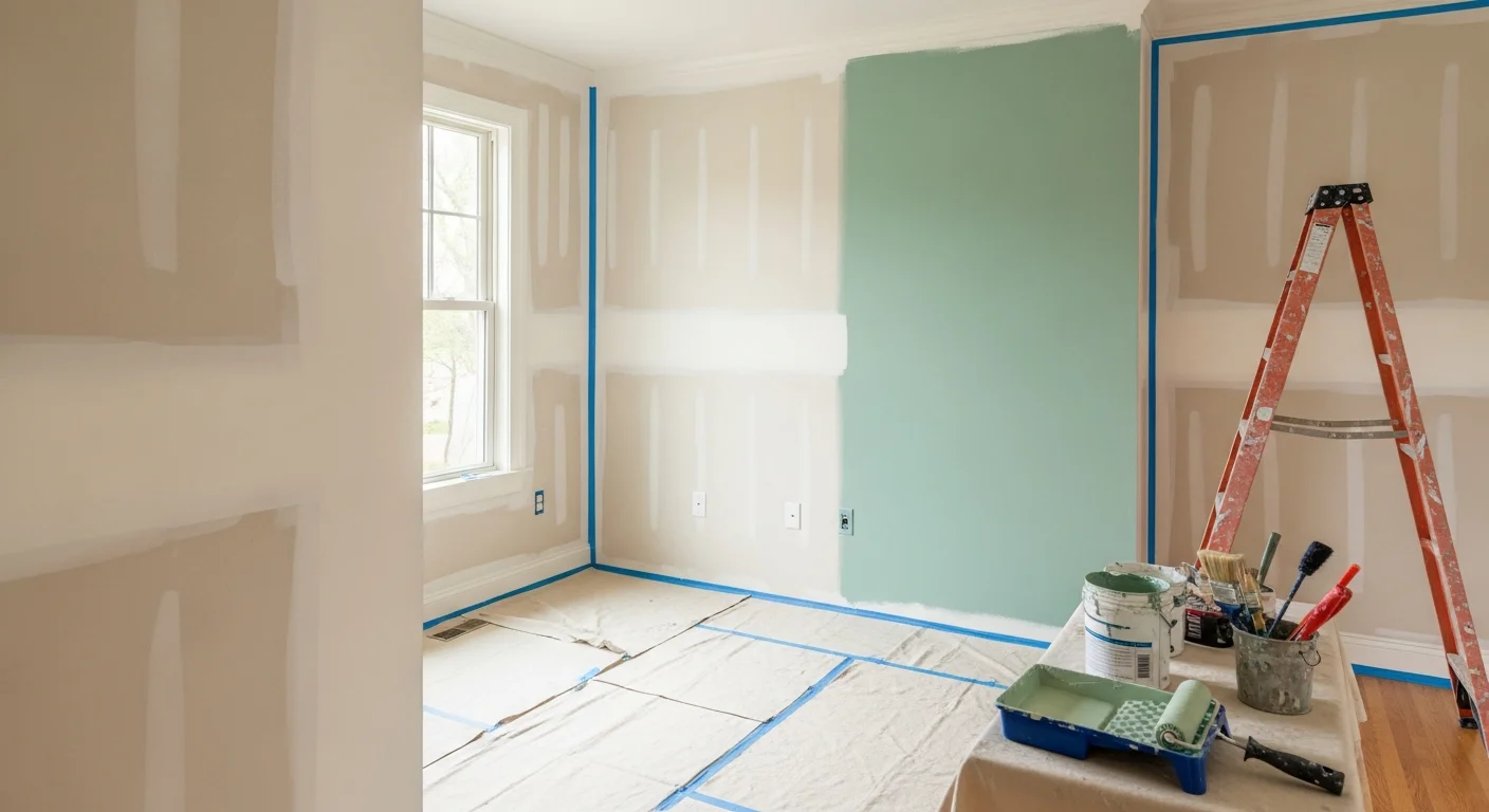 A freshly painted interior living room in a Greenville home, showing smooth white walls, clean trim lines, and an even ceiling coat. The room reflects the mix of classic and updated finishes common in Greenville residential properties.