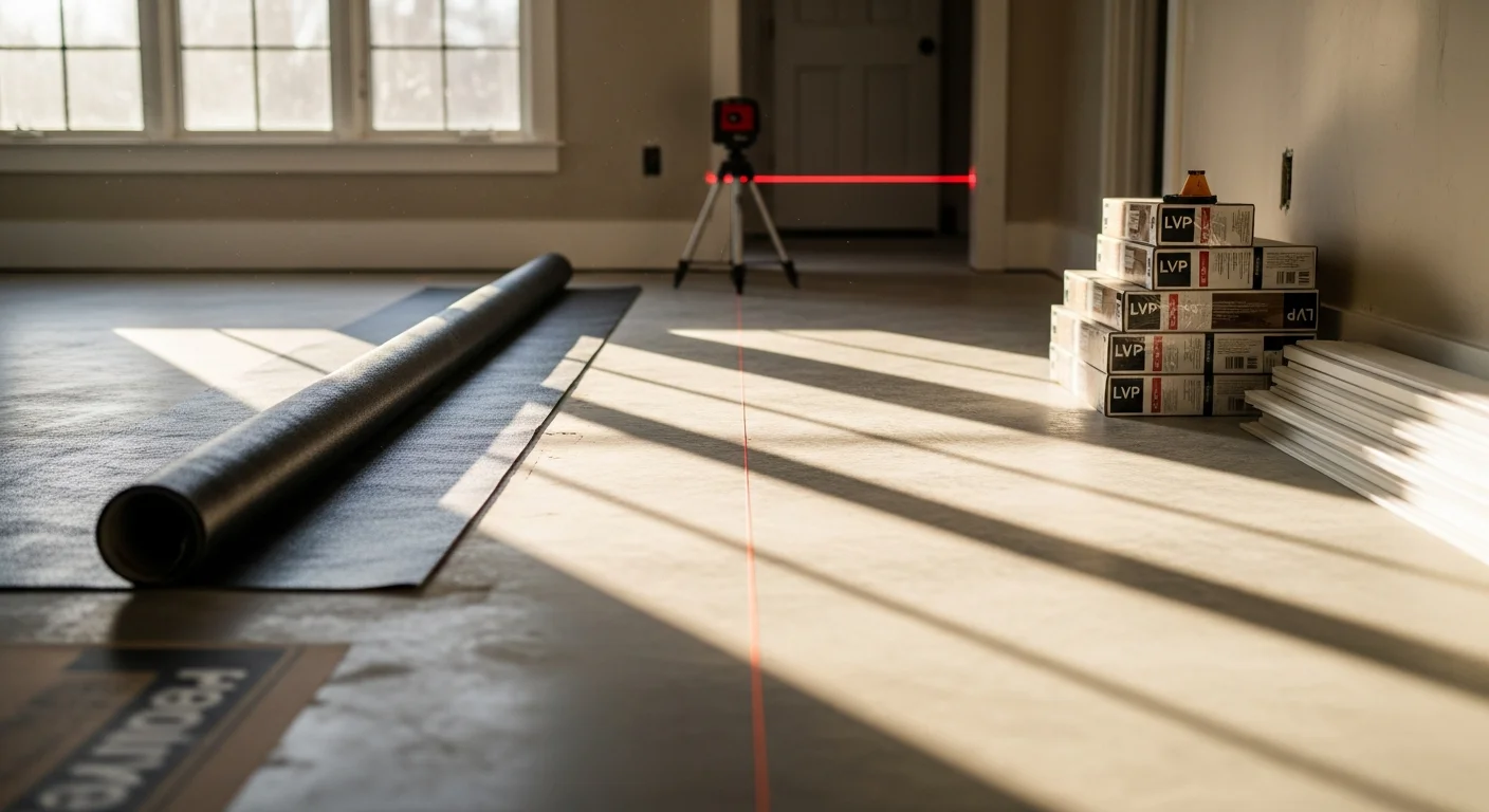 Freshly installed LVP flooring in a Greenville, SC home showing clean plank alignment, tight seams, and a smooth transition to an adjacent room. The wide-plank layout runs parallel to the main living area with consistent staggered joints throughout.