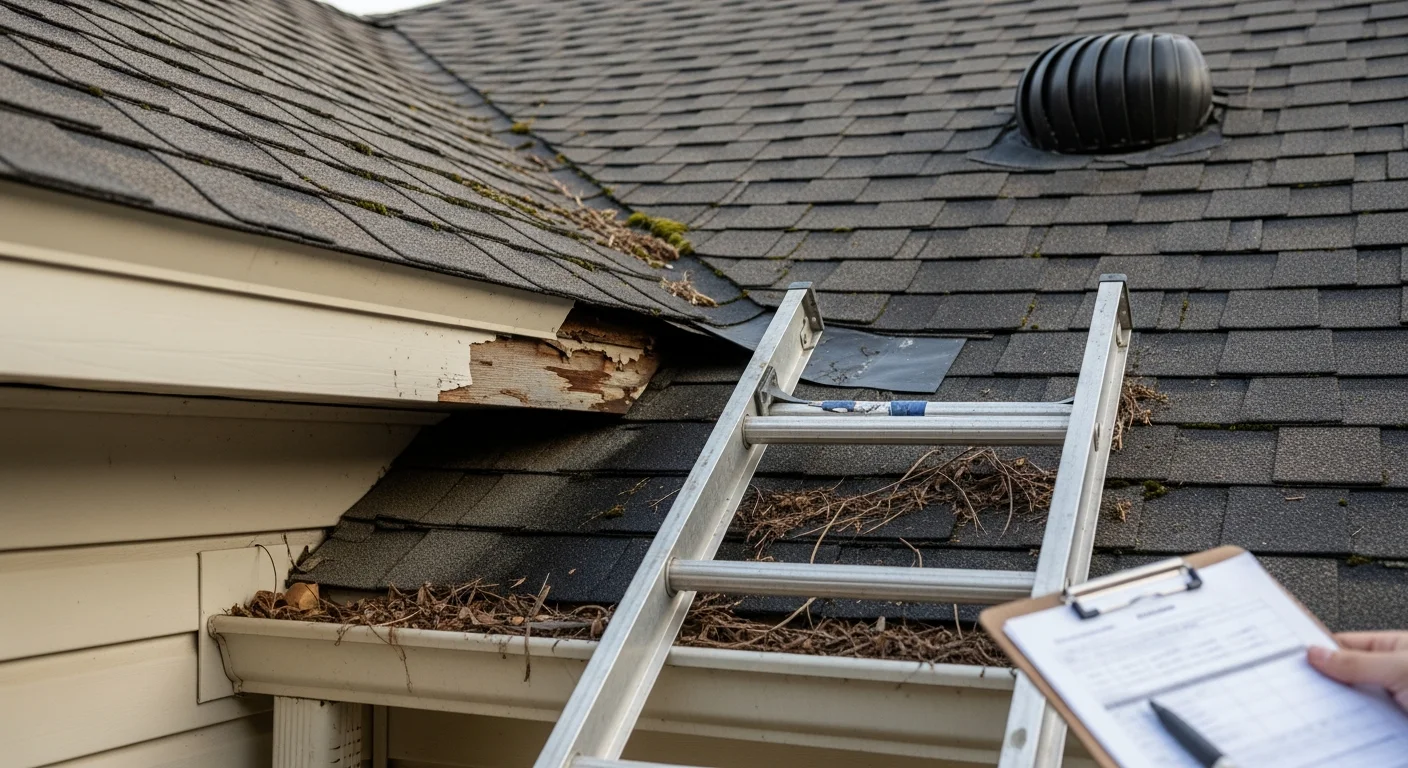 A Northpoint Construction Services roofing contractor inspecting shingles and flashing on a residential roof in Greenville, South Carolina. The inspector examines the roof surface up close, with a suburban neighborhood visible in the background.