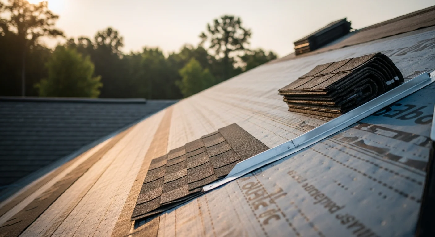 A completed residential roof installation on a single-family home in Greenville, South Carolina, showing a full shingle surface with clean ridge lines and properly sealed flashing around roof penetrations. The home sits in a typical Upstate South Carolina residential neighborhood under a clear sky.