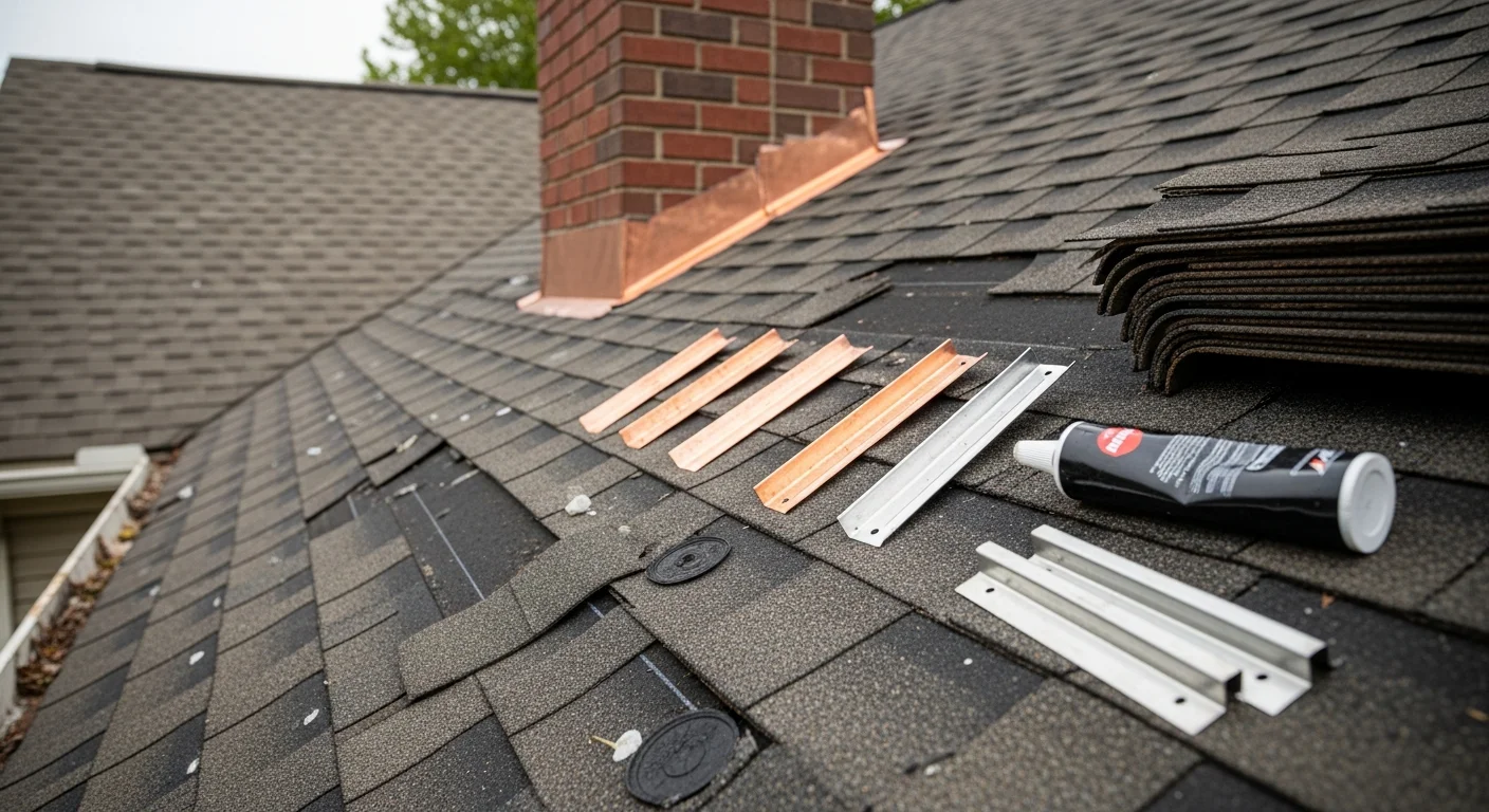 A Northpoint Construction Services crew member inspecting damaged shingles and flashing on a residential roof in Greenville, SC after a storm. Close-up view shows repaired roof sections with replaced shingles on a steep-pitch home.