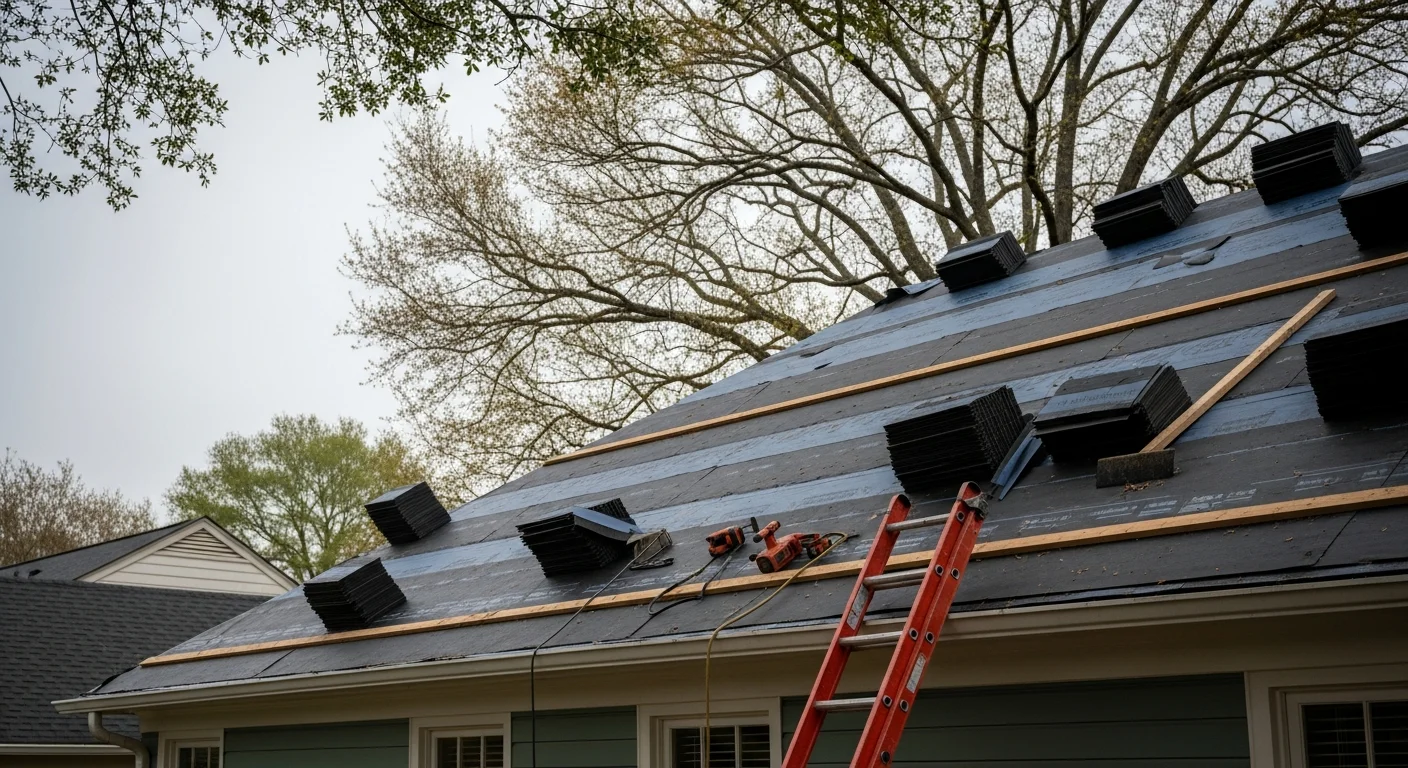 A completed residential roof replacement on a single-family home in Greenville, South Carolina, showing new roofing installed over repaired decking with clean ridge lines and finished flashing details. The surrounding tree canopy and typical Upstate South Carolina neighborhood streetscape are visible in the background.