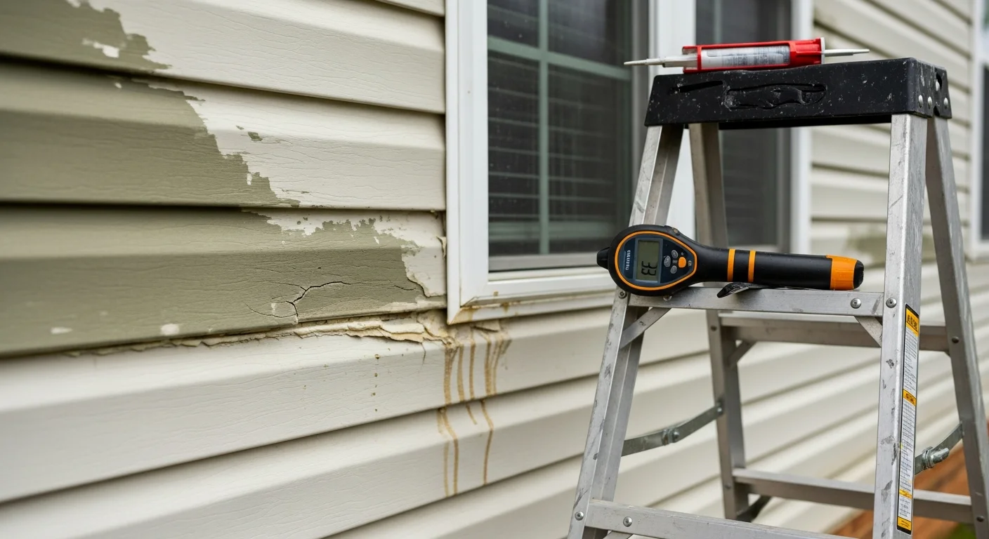 A Northpoint Construction Services contractor inspecting the exterior siding panels and trim on a residential home in Greenville, SC. The inspector examines seams and caulking along a window frame for signs of moisture damage or gaps.