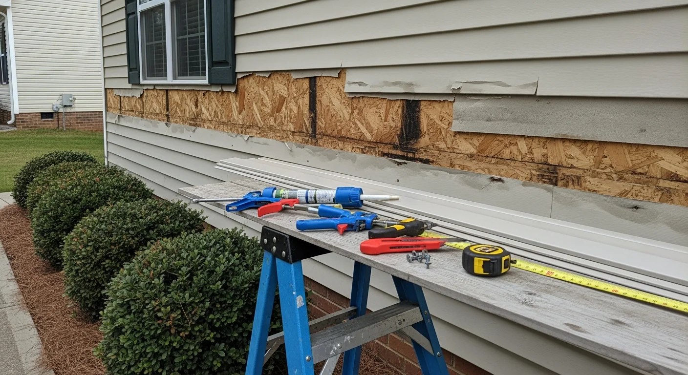 A Greenville home exterior showing freshly repaired siding panels along the front facade, with clean seams and consistent color matching the surrounding original siding. A contractor from Northpoint Construction Services inspects the finished repair at close range.