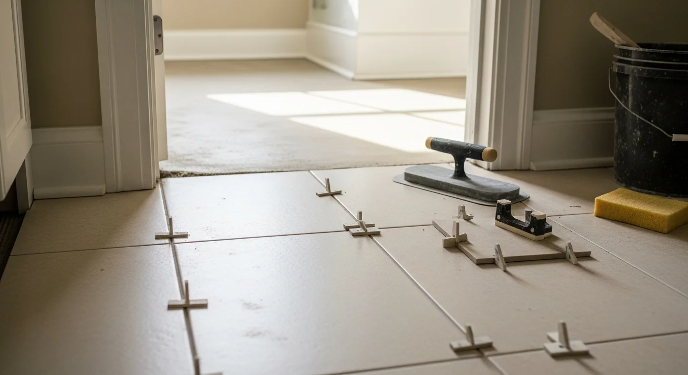 Freshly installed large-format porcelain floor tile in a Greenville home bathroom, showing tight grout lines and a clean transition to the shower base. The room features neutral tones and a properly finished tile edge along the vanity wall.
